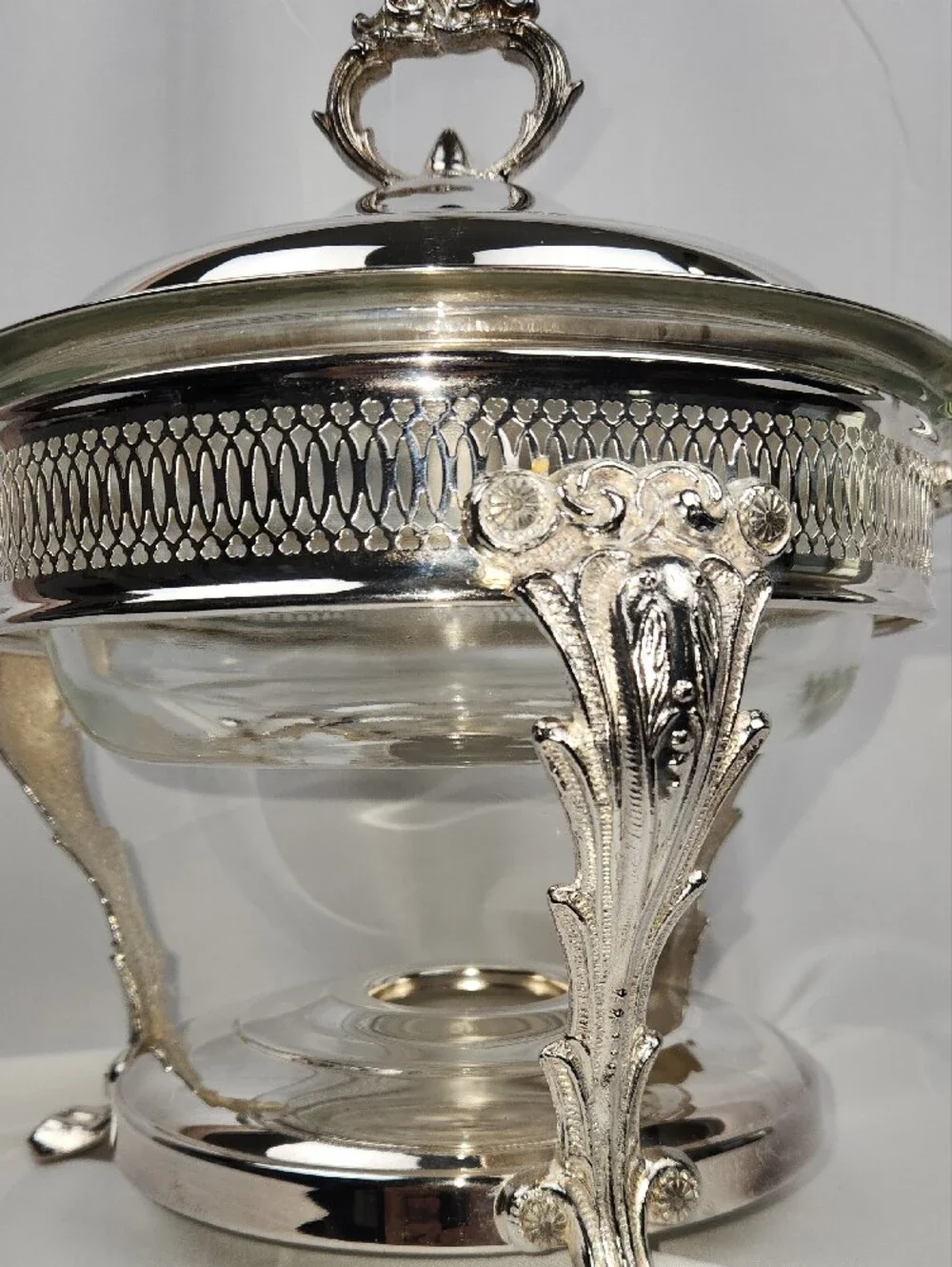 Vntg English Silver/Leonard Silverplated Chaffing Dish Anchor Hocking Glass Bowl